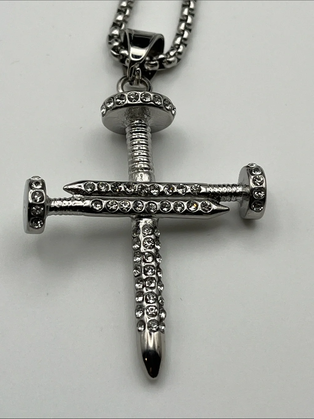24”, Stainless Steel Crystal Nail Cross Pendant Necklace - Unbranded